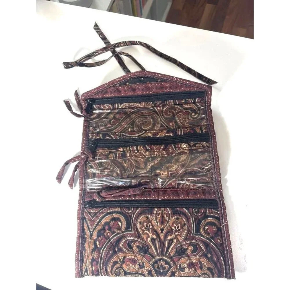Rare Vintage 90s Vera Bradley Mocha Paisley Quilted Tri-Fold Cosmetic Case